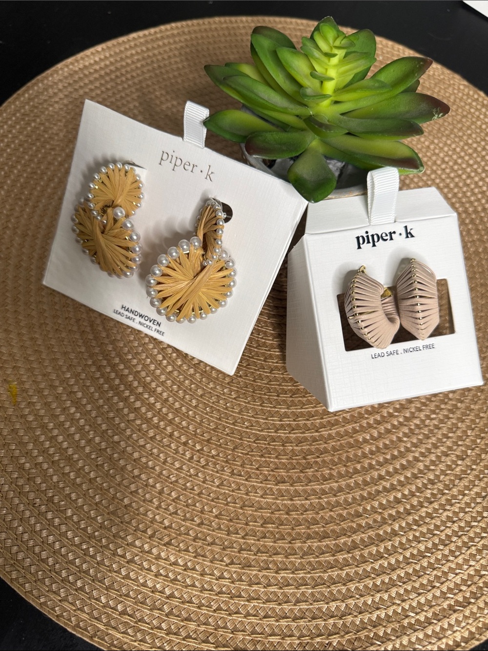 Piper K 🔥 Nwot Woven Straw Raffia Earrings with Pearl Accent - Tan & Blush